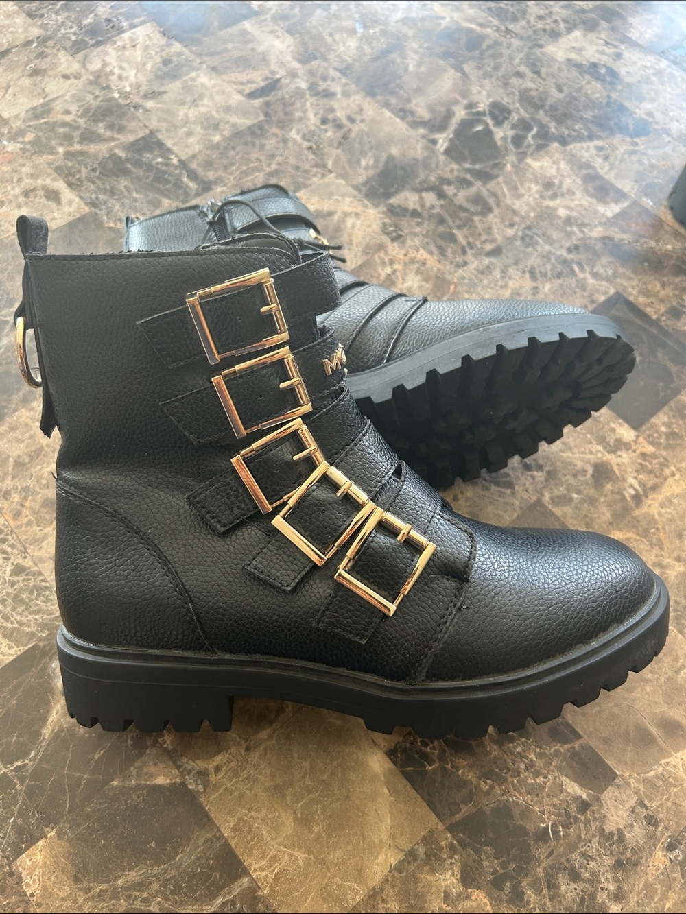 NWT 🆕 Mexx Women's Black Moto Ankle Buckle Combat Boots - Gold Hardware size 7
